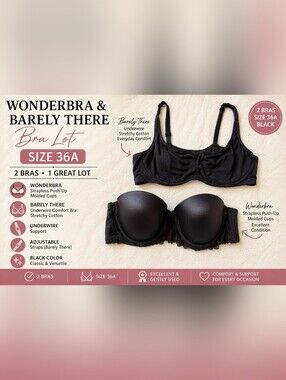 Wonderbra & Barely There Bra Lot 36A Black Underwire Strapless Push Up